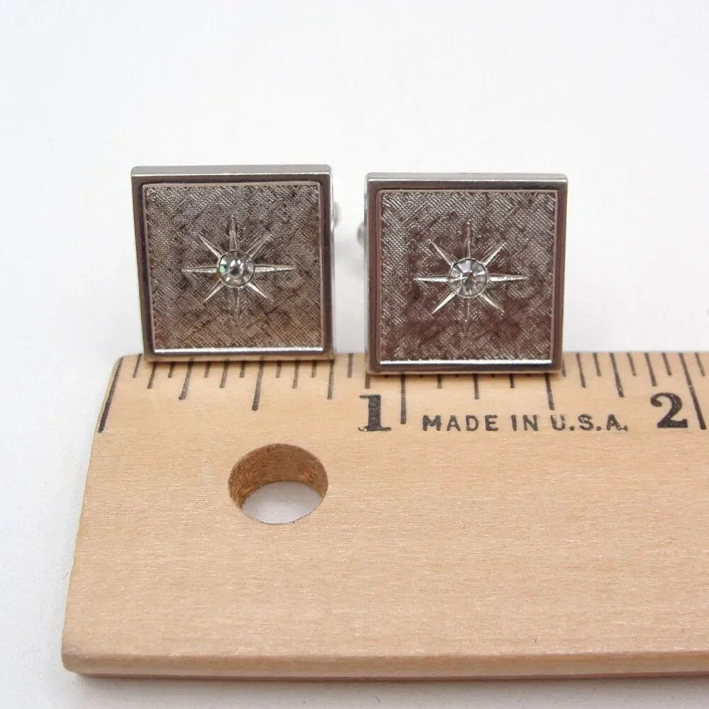 Vintage Anson Silver Tone Square Cufflinks Starburst Clear Rhinestone Atomic MCM